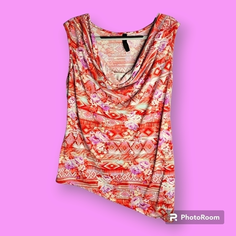 Women's Aztec & Floral Purple Coral Cowl Neck Angled Sleeveless Top Size XL